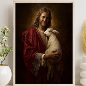 Jesus with lamb sacred art digital, Christ holding lamb art to print at home, Good shepherd print, Jesus sheep painting, Lamb of God artwork