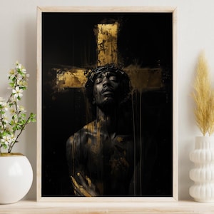 Black Jesus on the cross to print at home, dark Jesus carrying the cross wall art decor digital, African american catholic art