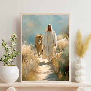 Lion of Judah digital art, Jesus with lion to print, Bible lion download, Judah lion poster, Digital Jesus lion art, Holy king home decor