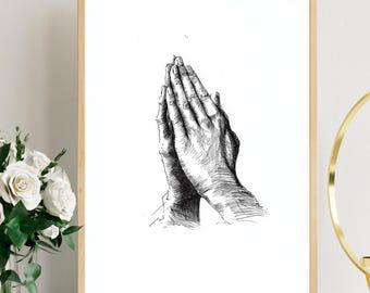 Betende Hände – Kunst, minimalistische Bleistiftskizze, Schwarz-Weiß-Druck, christliche Gebetsdekoration, Andachtsbild