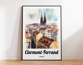 Affiche Clermont-Ferrand, impression Clermont Ferrand, aquarelle de Clermont, idée cadeau France, affiche Clermont-Ferrand, affiche de voyage vintage