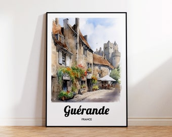 Affiche de voyage de Guérande, impression d'art de Guérande, aquarelle de Guérande, idée cadeau France, affiche de Guérande