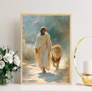 Lion of Judah digital art, Jesus with lion printable, Bible lion download, Judah lion poster, Digital Jesus lion, Christian lion print