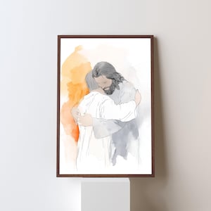 Jesus loving a man watercolor art to print at home, Grief funeral digital art, Memorial farewell, Christ grief decor,