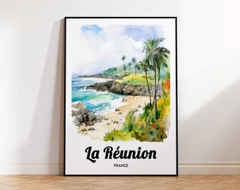 La Réunion Travel Poster, La Réunion Art Print, La Reunion Watercolor, France Gift Idea, Affiche La Réunion, Vintage Travel Poster