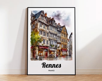 Rennes Travel Poster, Rennes Art Print, Rennes Watercolor, France Gift Idea, Affiche Bretagne, Retro Travel Poster