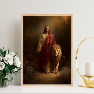 Jesus Lion artwork digital art, Lion of Judah print at home, Christian wall art, Jesus and lion file, Judah lion poster