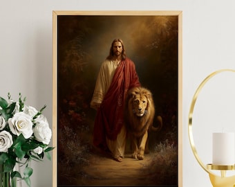 Jesus Lion artwork digital art, Lion of Judah print at home, Christian wall art, Jesus and lion file, Judah lion poster