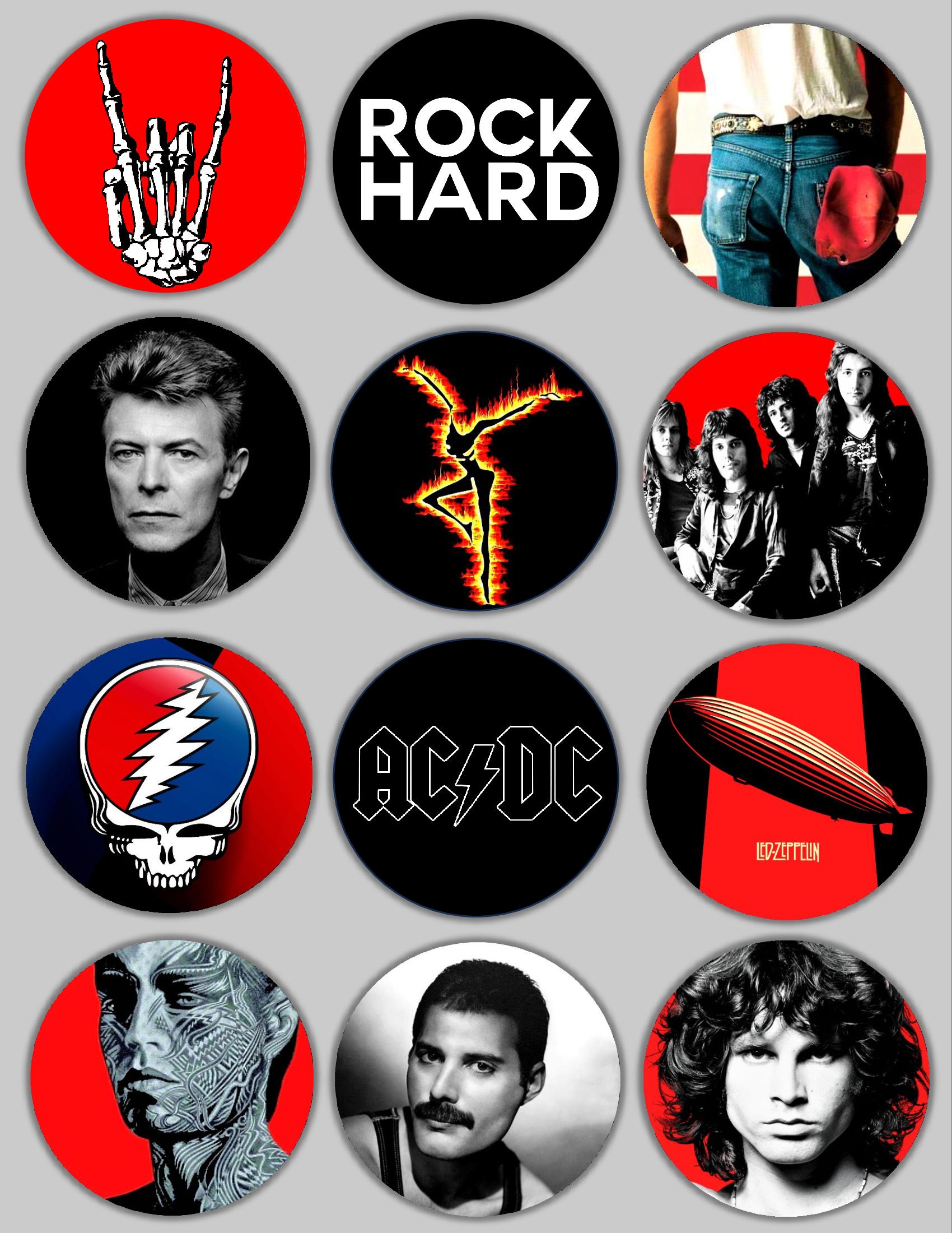 Classic Rock Pins, Pink Floyd, The Doors, Rolling Stones, The Beatles, LED Zepplin, Band Pins, Band Logos, Custom Pins, Custom Buttons