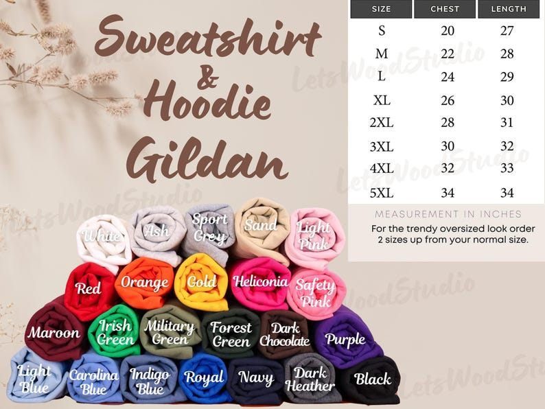 May include: A display of rolled Gildan sweatshirts and hoodies in various colors, including white, red, orange, and purple. A size chart shows chest and length measurements in inches, ranging from S to 5XL. The text "Sweatshirt & Hoodie Gildan" is at the top.
