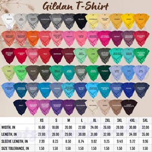 May include: A Gildan T-Shirt color chart displays various t-shirt colors, including white, black, and navy. The chart also shows size information, with widths ranging from 16.00 inches to 32.00 inches.