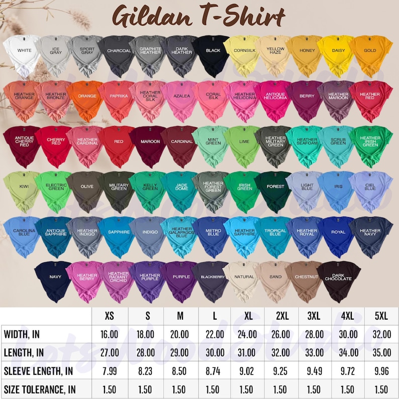 May include: A Gildan T-Shirt color chart displays various t-shirt colors, including white, black, and navy. The chart also shows size information, with widths ranging from 16.00 inches to 32.00 inches.