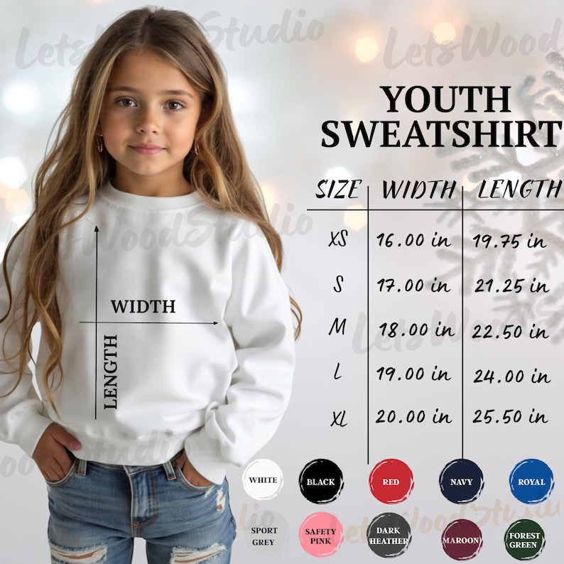 May include: A white youth sweatshirt with size and color options. The size chart shows measurements in inches, with widths ranging from 16.00 to 20.00 inches and lengths from 19.75 to 25.50 inches. Available colors include white, black, red, navy, and royal.