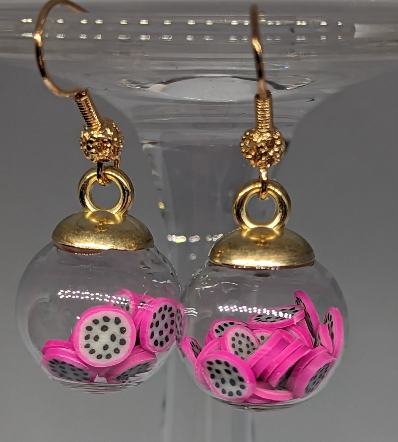 18k Gold Plated Hook Earrings With Glass Ball Pendant Containing Polymer Clay Fruit Slices Etsy