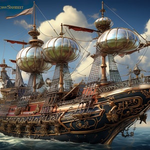 Puede incluir: Un gran barco de estilo steampunk adornado con tres globos esféricos plateados. El barco está decorado con intrincados detalles dorados y negros y tiene una popa adornada.