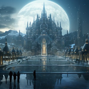 Puede incluir: Un gran castillo gris oscuro con un techo alto y puntiagudo y muchas torres. El castillo está iluminado por una luna llena brillante y rodeado de un paisaje nevado.