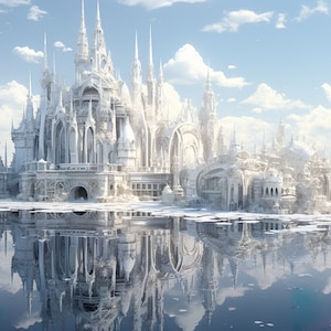 Puede incluir: Un castillo blanco adornado con muchas torres y agujas, reflejado en un cuerpo de agua tranquilo. El cielo es azul con nubes blancas.