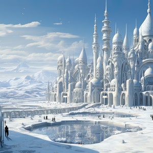 Puede incluir: Una ciudad blanca cubierta de nieve con un gran lago helado en primer plano. La ciudad está formada por muchos edificios altos y ornamentados con cúpulas y torres. Los edificios son todos blancos y la ciudad está rodeada de montañas cubiertas de nieve en la distancia.