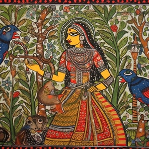 Woman hunting II. Indian Madhubani style
