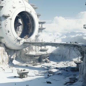 Puede incluir: Una ciudad futurista construida en la ladera de una montaña nevada. La ciudad cuenta con una gran estructura esférica blanca con una abertura circular, y un puente que la conecta con otro edificio en el acantilado. Hay gente caminando por el puente y en las calles nevadas de abajo.