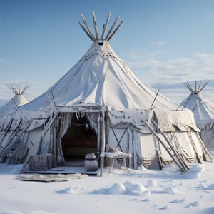 Puede incluir: Tres tipis de lona blanca cubiertos de nieve se alzan en un campo nevado. Los tipis tienen marcos de madera y están decorados con pieles y otros elementos tradicionales. Los tipis son una vivienda tradicional de los pueblos indígenas.