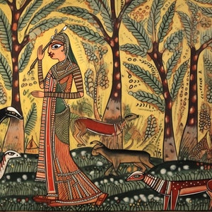 Woman on the hunt III. Indian Madhubani style