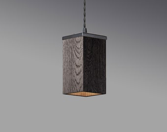 Handgemaakte plafondlamp zwart gebeitst eikenhouten hanglamp.