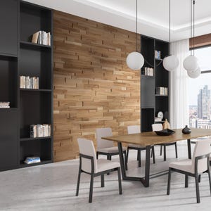 May include: A modern dining room with a wooden wall, a black bookshelf, and a rectangular dining table with six chairs. The table has a light wood top and a black metal base. There are three white globe pendant lights hanging above the table.