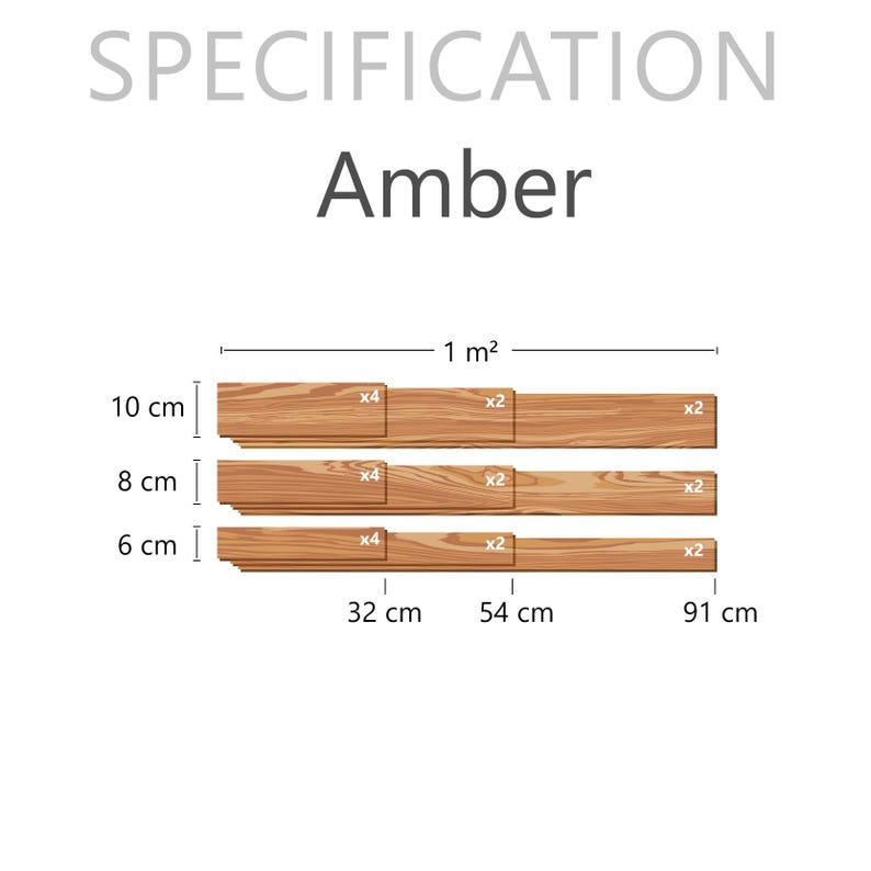 May include: Diagram of "Amber" wood planks with measurements. The planks are 6 cm, 8 cm, and 10 cm high, and 32 cm, 54 cm, and 91 cm long. The image also includes the text "SPECIFICATION" and "Amber".