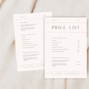Modelo de lista de preços de 2 páginas | Folha de guia de preços imprimível para pequenas empresas, faça você mesmo, salão de beleza, maquiagem de unhas, estilista de cabelo, modelo editável de canva