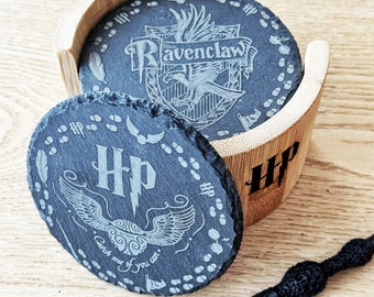 6 Sous-verres en Ardoise HARRY POTTER gravés au Laser avec support en bambou