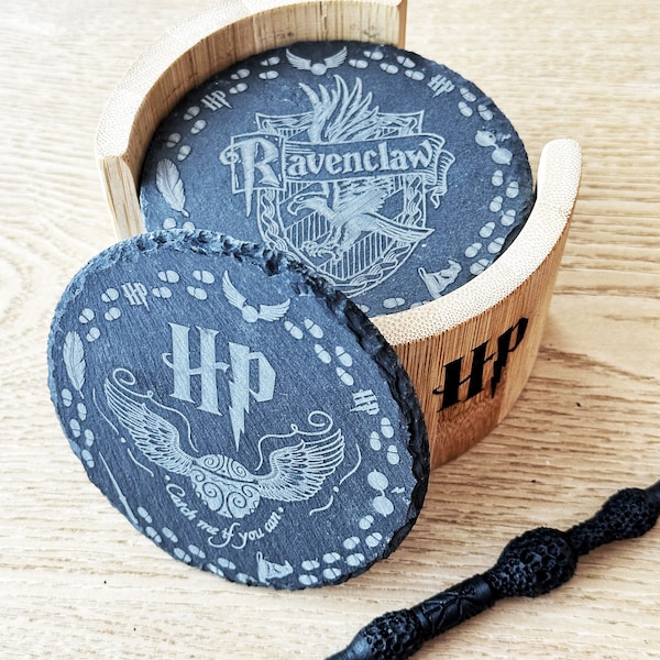 6 Sous-verres en Ardoise HARRY POTTER gravés au Laser avec support en bambou