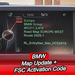 May include: A car navigation screen displays map data and system information. The screen shows "Europa", "Road Map EUROPE WEST", and "Route 2025-1". The bottom of the screen reads "BMW Map Update + FSC Activation Code".