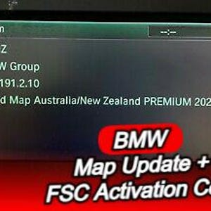 May include: A car dashboard screen displays "Version", "ATNZ", "BMW Group", "142191.2.10", and "Road Map Australia/New Zealand PREMIUM 2020". The screen also shows "BMW Map Update + FSC Activation Code" in a red banner.
