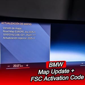 May include: A screen displays the text "ACTUALIZACIÓN DE MAPAS" and "Road Map EUROPE Joy 2025-4". Below, the text "BMW Map Update + FSC Activation Code" is displayed in a red box. The screen shows a blue gradient.