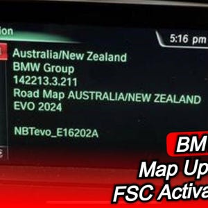 May include: A car dashboard screen displays BMW map update information. The screen shows version details, including "Australia/New Zealand" and "EVO 2024." Text at the bottom reads "BMW Map Update + FSC Activation Code."