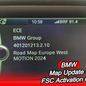 May include: A car dashboard screen displays the time, radio frequency, and system information. The screen shows "ECE", "BMW Group", "Road Map Europe West MOTION 2024", and "BMW Map Update + FSC Activation Code".