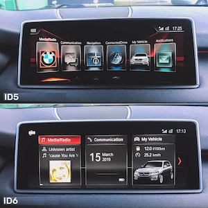 May include: Two car dashboard screens displaying the BMW infotainment system. The top screen shows various app icons, including Media/Radio, Communication, and Navigation. The bottom screen shows the Media/Radio interface with a song playing.