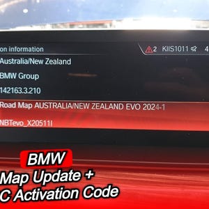 May include: A car's infotainment screen displays version information for Australia/New Zealand, including "Road Map AUSTRALIA/NEW ZEALAND EVO 2024-1." The screen also shows "BMW Map Update + FSC Activation Code."