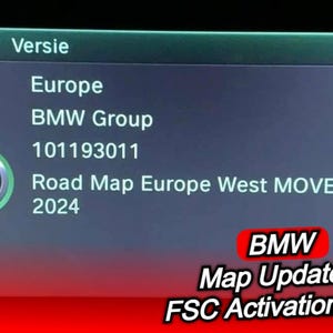 May include: A digital display shows BMW map update information. The screen displays "Europe," "BMW Group," and "Road Map Europe West MOVE 2024." The text "BMW Map Update + FSC Activation Code" is also visible.