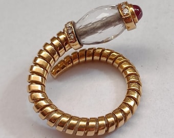 Bulgari Tubogas Ring - Bvlgari Tubogas Ring - 18k Yellow Gold Ring, Rock Crystal, Ruby and Diamonds - Authentic Bvlgari - High Jewelry