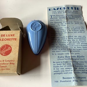 Ensemble de rasoirs de sûreté vintage pour femmes « Razorette » modèle bleu royal et bleu pâle complet avec notice et boîte de cartes