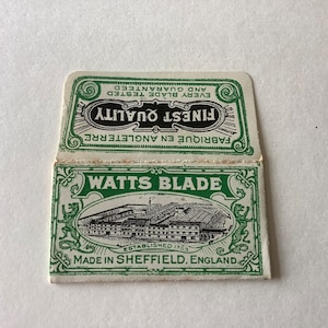 Hoja de afeitar vintage y envoltorio &#39;Watt&#39;s&#39; Inglaterra &#39;B&#39;