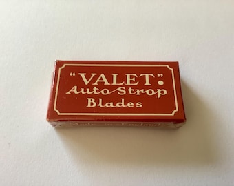 Cuchillas de afeitar vintage, paquete completo de 5, selladas y envueltas en celofán, marca 'Valet', fabricadas en Gran Bretaña en la década de 1930, en perfecto estado.