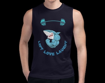 Unisex Shark Bodybuilder Tank Top  |  Motivational Fitness Sleeveless T-Shirt | Fitness Motivation Activewear | Recycled Polyester & Spandex