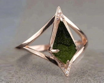 Certified Moldavite Rough Ring 100% Natural Gemstone From Czech Republic 925 Solid Sterling Silver Handmade Designer Jewelry