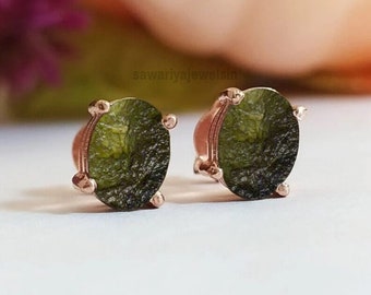 Moldavite Stud Earrings: Sterling Silver Tektite Gemstone