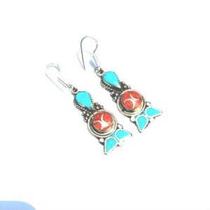 Turquoise, Coral & Lapis Lazuli Dangle Earrings: Tibetan Boho Style