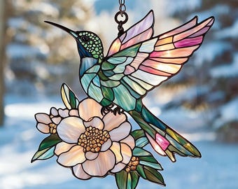 Kolibrie en pioen bloem raam hangend acryl ornament kolibries en bloemen ornament woondecoratie kunst muur kunst cadeaus voor vrouwen