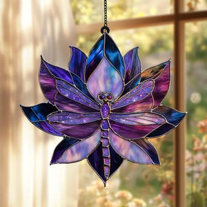 Libel lotus acryl suncatcher, faux glas-in-lood bloemraam hangend, cadeau voor moeder of oma, op de natuur geïnspireerd interieur